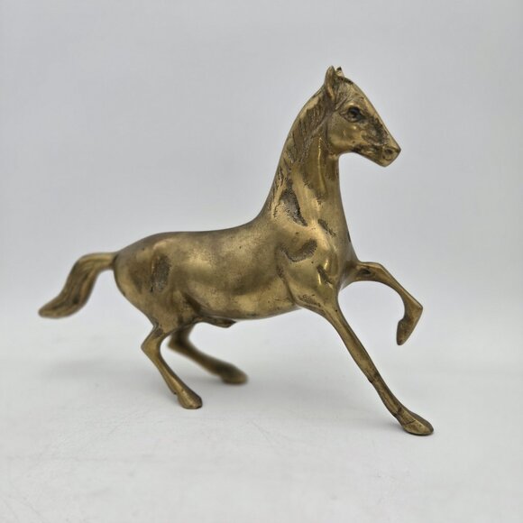Vintage Brass Galloping Horse Statue Rich Gold Tone Running Horse Figurine 7x10 - Picture 1 of 14